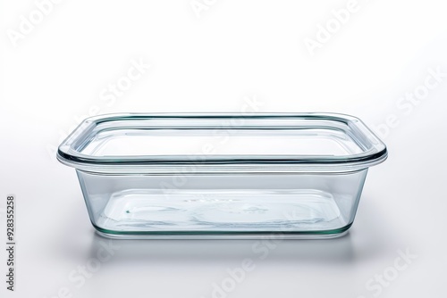 Close up of glass food container with plastic seal lid The clear rectangular box is on white background