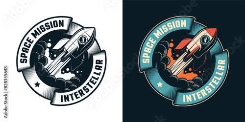Rocket ship with a stylized flame - retro logo. Vintage interstellar space mission badge. Vector illustration
