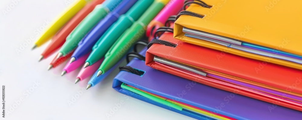 Fototapeta premium Stack of colorful notebooks with pens on white background, 4K hyperrealistic photo