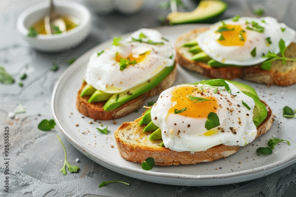 Close up of poached eggs and avocado on toast on a gray table Close up of poached eggs and avocado on toast on a gray table