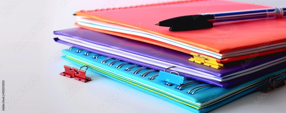 Stack of colorful notebooks with pens and paper clips on white background, 4K hyperrealistic photo Stack of colorful notebooks with pens and paper clips on white background, 4K hyperrealistic photo
