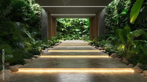 Serene pathway lined with plants and illuminated by soft lights, creating a tranquil and inviting atmosphere. photo