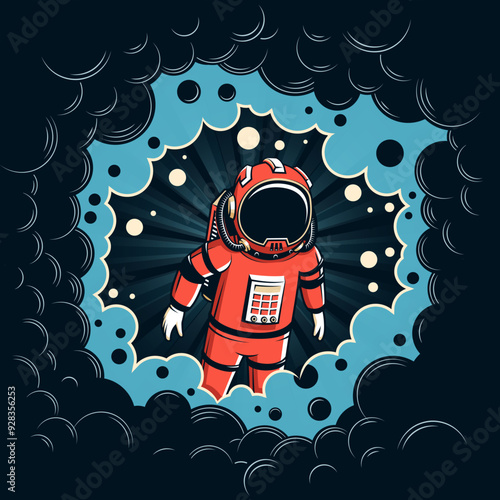 An astronaut in a red suit is floating through the dark expanse of space, with vibrant blue clouds and scattered stars creating a mesmerizing backdrop. Vector illustration
