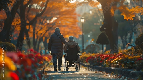 Wallpaper Mural A heartwarming scene of a caregiver helping a person in a wheelchair navigate through a beautiful park, with vibrant flowers and trees in the background. The atmosphere is serene and caring, Torontodigital.ca