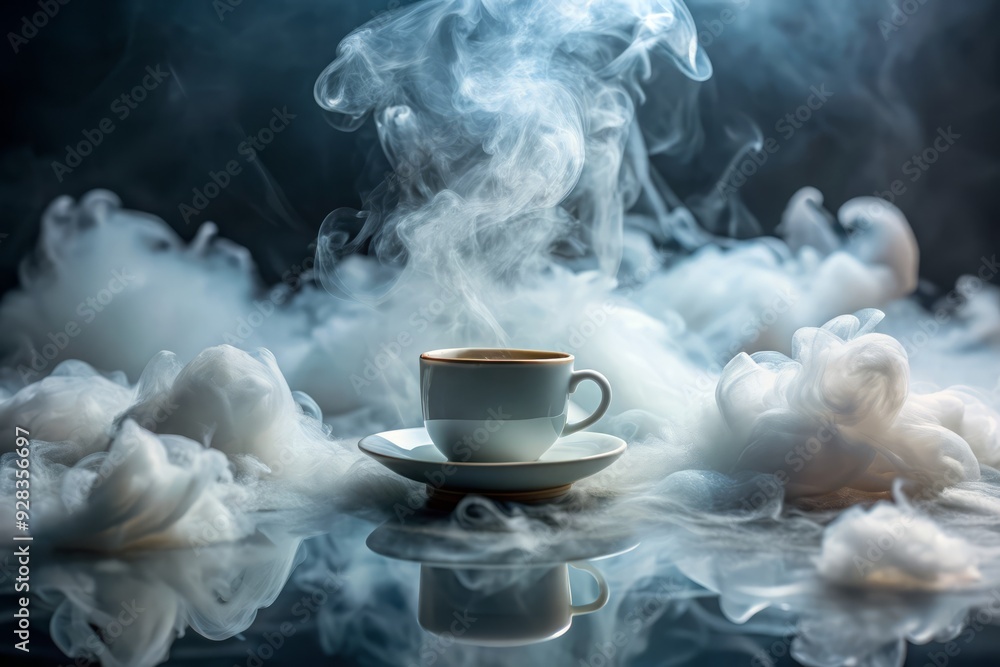 A miniature coffee cup is enveloped in a wispy cloud of dry-ice vapor, contrasting modern minimalism with an otherworldly, dreamlike atmosphere, evoking mystery and intrigue. A miniature coffee cup is enveloped in a wispy cloud of dry-ice vapor, contrasting modern minimalism with an otherworldly, dreamlike atmosphere, evoking mystery and intrigue.