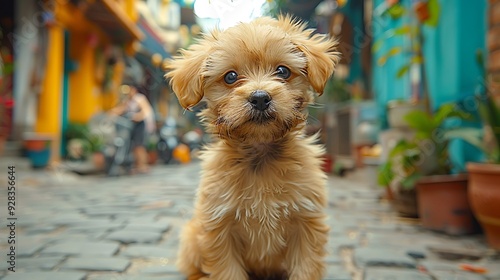 A heartwarming scene of a volunteer gently lifting a stray puppy from a crowded street, with a backdrop of urban buildings and concerned bystanders. The atmosphere is one of compassion and urgency, photo