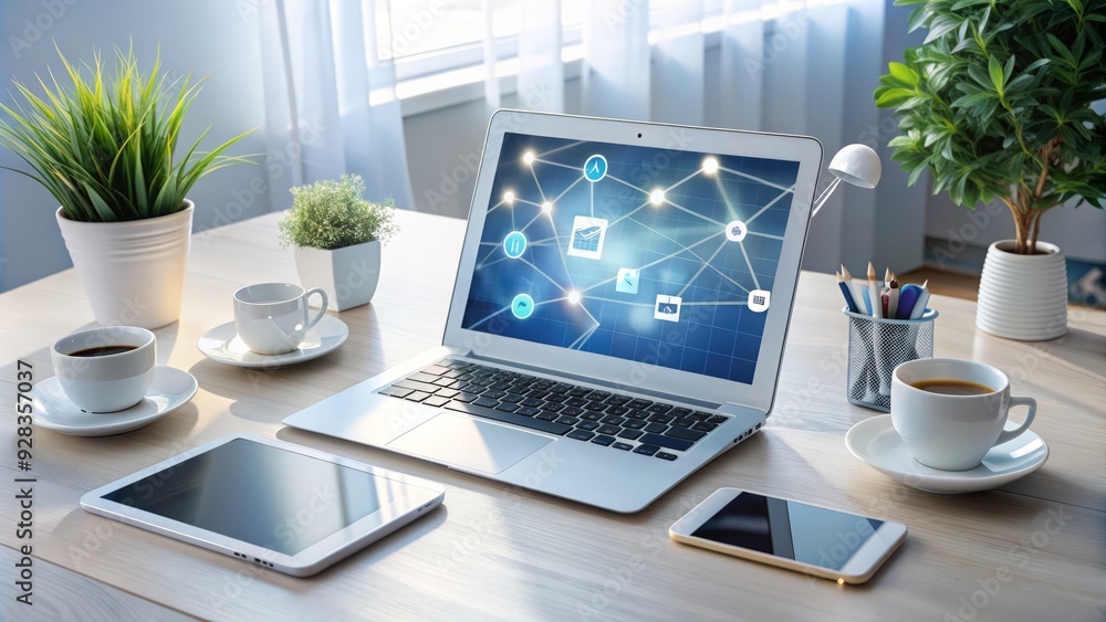 Fototapeta premium A modern white desk with a laptop, tablet, and various icons representing digital communication, networking, and creativity, symbolizing contemporary work and innovation.