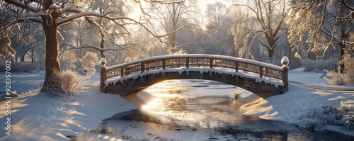 Snow-covered bridge in a park, 4K hyperrealistic photo