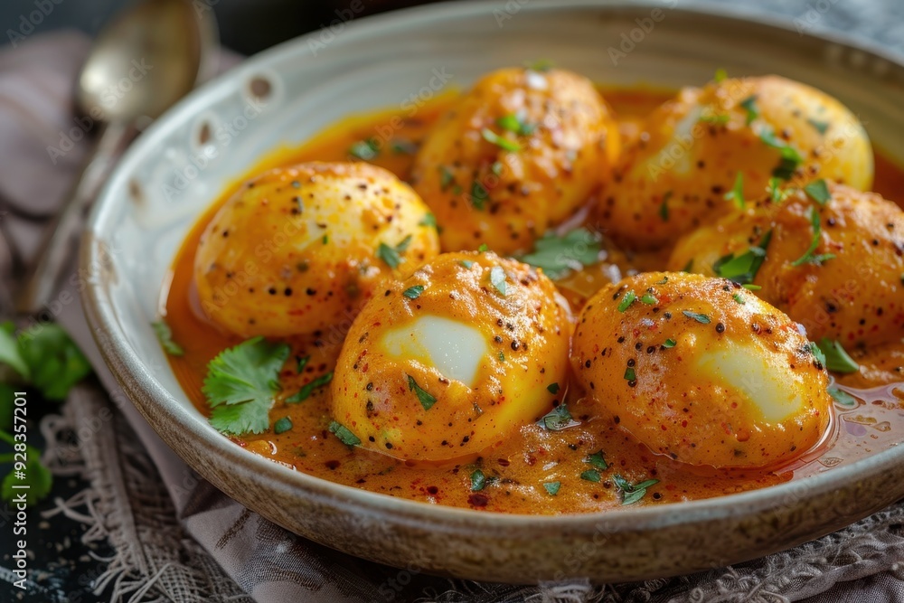Close up view of boiled eggs in spicy curry sauce on table