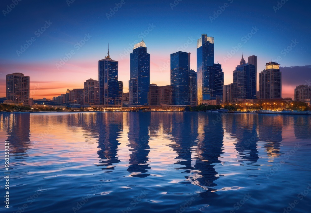 Fototapeta premium vibrant urban skyline mirrored sparkling water under clear sky dusk, architecture, city, buildings, lights, evening, horizon, landscape, waterfront, view