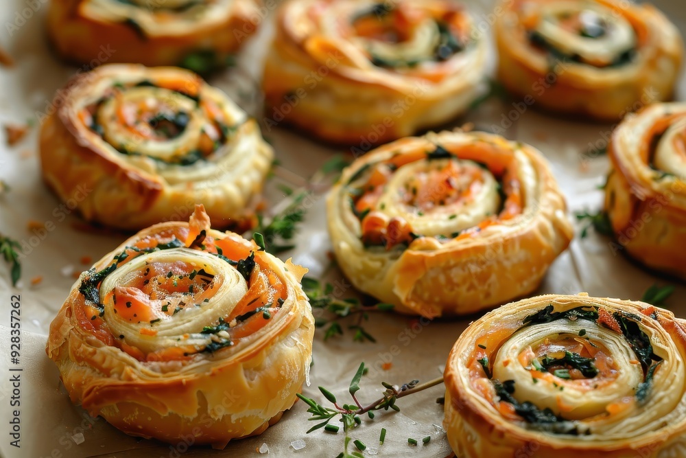 Close up view of French pinwheels with salmon cheese spinach on baking paper Close up view of French pinwheels with salmon cheese spinach on baking paper