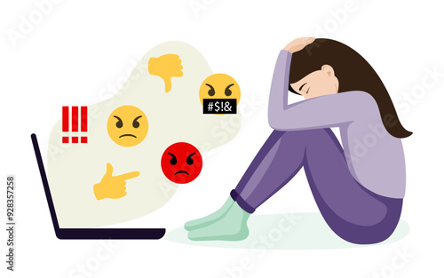 The unhappy woman is depressed. The concept of cyberbullying, the bad influence of the Internet. The victim of online bullying is sitting in front of a laptop, covering his face with his hands.
