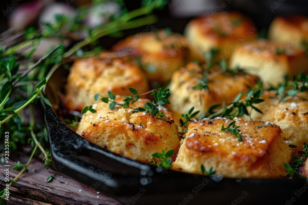 Closeup of buttermilk biscuits in cast iron skillet selective focus Closeup of buttermilk biscuits in cast iron skillet selective focus