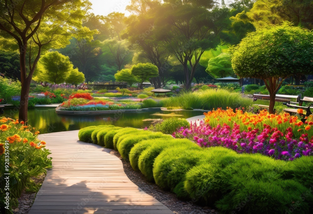 Obraz premium vibrant parks featuring complex pathways diverse landscapes nature enthusiasts, terrain, greenery, trees, flowers, grass, scenery, environment, walkway