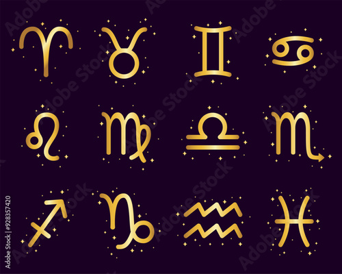 A set of golden zodiac signs on a dark background.
