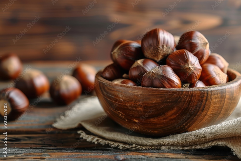 Closeup of delectable roasted chestnuts in wooden bowl on table Closeup of delectable roasted chestnuts in wooden bowl on table