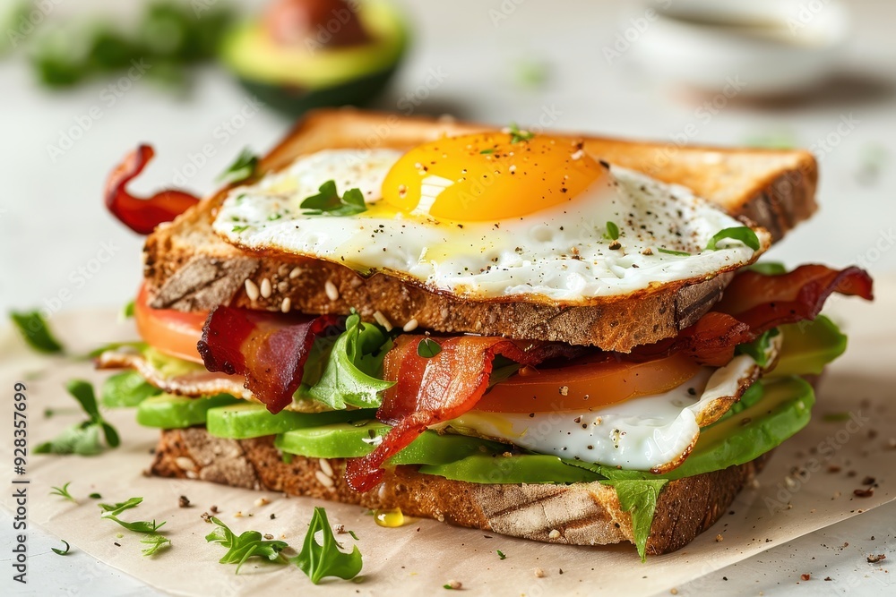 Closeup of delicious sandwich with egg bacon avocado on light background Closeup of delicious sandwich with egg bacon avocado on light background