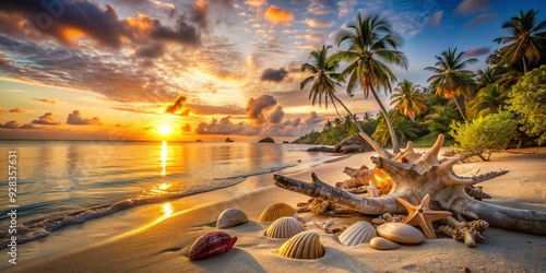 Golden hour illumination casts a warm glow on a secluded island beach, adorned with exotic seashells and driftwood, exuding relaxed, serene tropical escape ambiance.