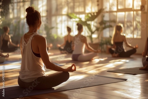 People practicing yoga in a sunlit studio with soft natural light and a calm atmosphere
