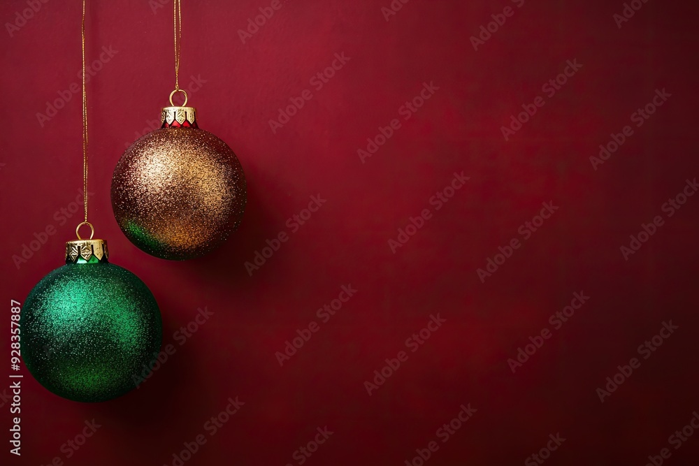 Christmas ornaments in gold, green and red on the left side of an empty Christmas ornaments in gold, green and red on the left side of an empty