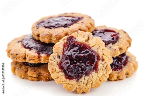 Closeup of jam filled cookies on white background