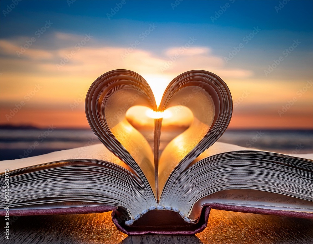 Pages of Love: Heart from a Book Against Sunset Pages of Love: Heart from a Book Against Sunset
