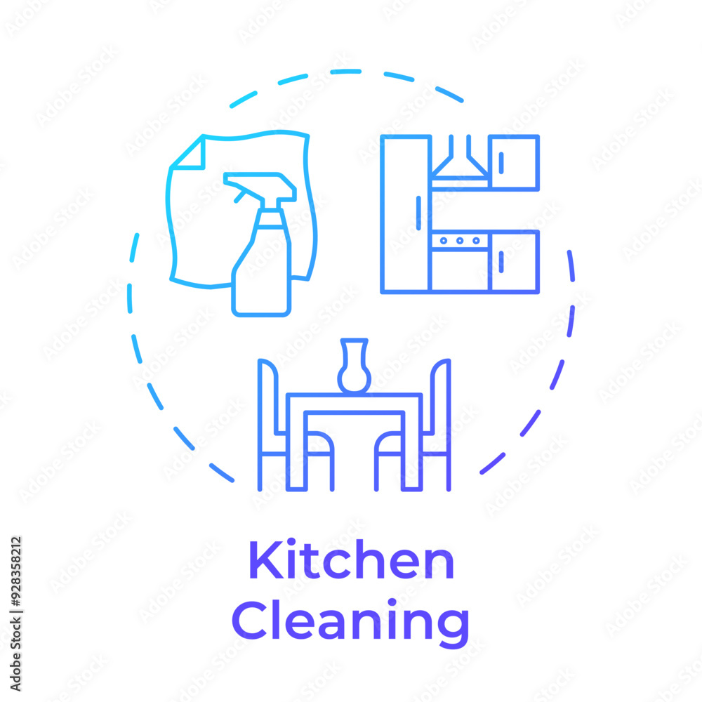 Kitchen cleaning blue gradient concept icon. Maintaining hygienic cooking space. Countertop washing. Round shape line illustration. Abstract idea. Graphic design. Easy to use in infographic Kitchen cleaning blue gradient concept icon. Maintaining hygienic cooking space. Countertop washing. Round shape line illustration. Abstract idea. Graphic design. Easy to use in infographic