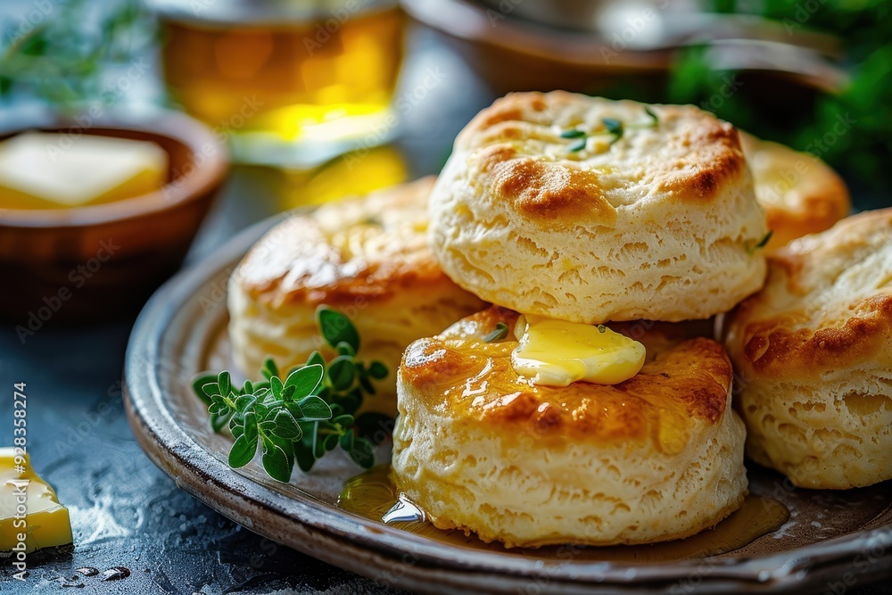 Closeup vertical image of buttery buttermilk biscuits swimming in melted butter on table Closeup vertical image of buttery buttermilk biscuits swimming in melted butter on table