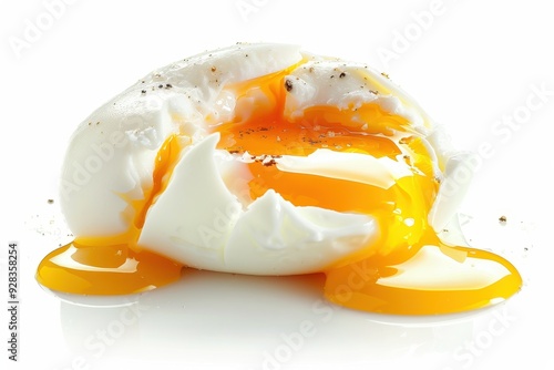 Closeup photo of a poached egg on white background