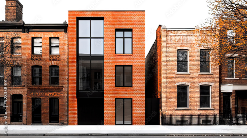 Naklejka premium Modern brick building contrasts with traditional architecture in an urban setting, showcasing innovative design and construction.
