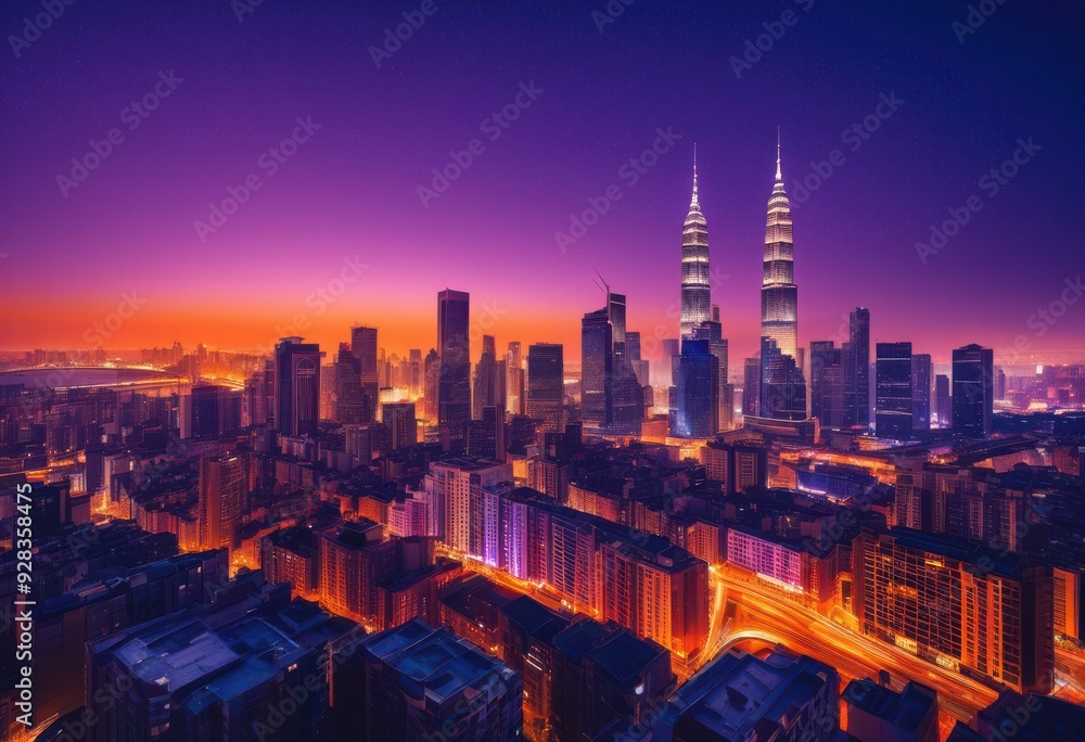 Fototapeta premium stunning twilight city skyline vibrant glowing lights illuminating urban landscape, buildings, architecture, night, illumination, scenery, horizon, view
