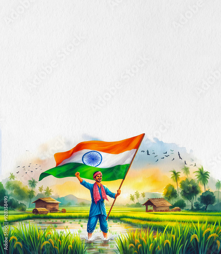 A Watercolor vibrant illustration of A joyful Indiar Farmer, full of pride and energy, holds a large Indian tricolour National flag above his head in celebration of Independence and Republic Day