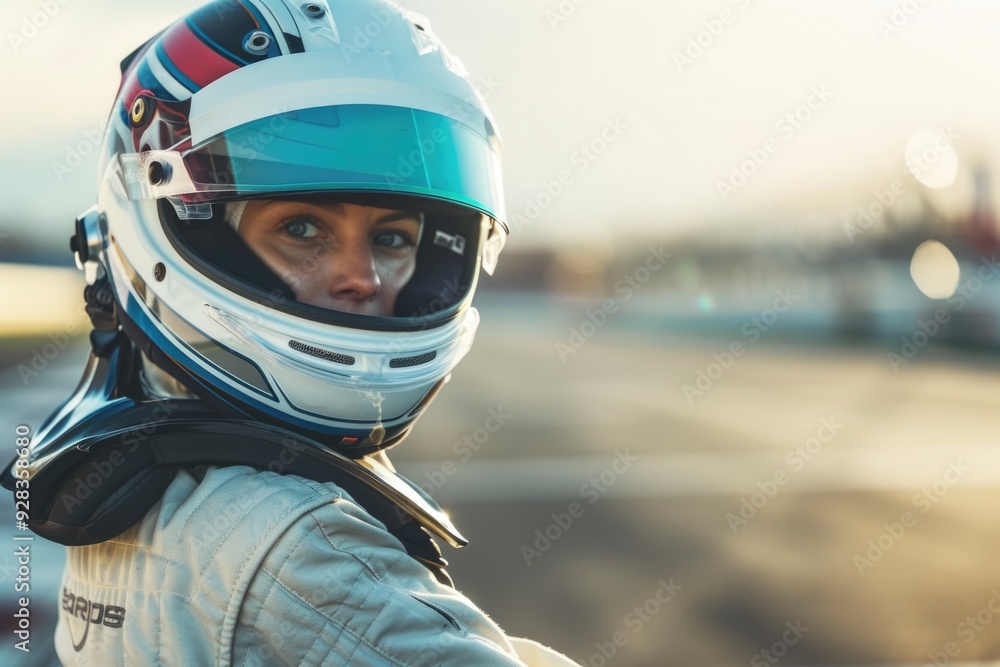 Confident Female Race Car Driver in Helmet and Racing Suit at Race Track - Motorsports, Professional Racer Confident Female Race Car Driver in Helmet and Racing Suit at Race Track - Motorsports, Professional Racer