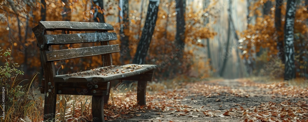 Rustic wooden bench in autumn forest, 4K hyperrealistic photo Rustic wooden bench in autumn forest, 4K hyperrealistic photo