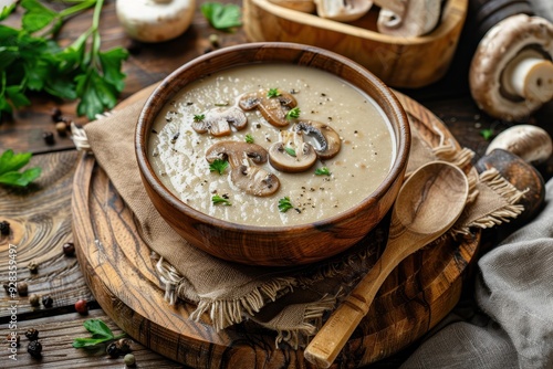 Creamy chestnut champignon mushroom soup on wooden plate with spoon pepper and cloth on board photo