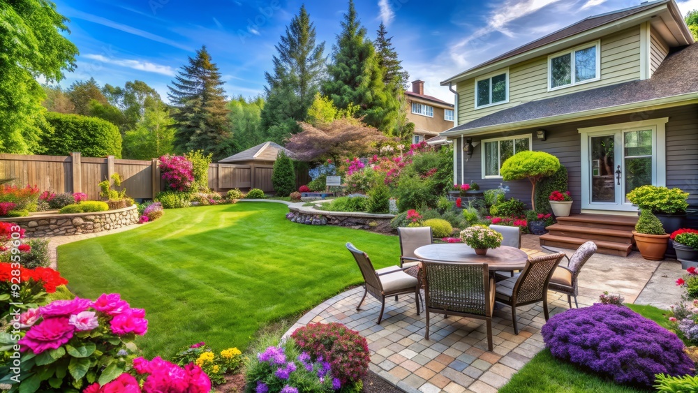 A tidy backyard with lush green grass, vibrant flowers, and a clean patio, showcasing a well-maintained outdoor space with a sense of serenity and organization. A tidy backyard with lush green grass, vibrant flowers, and a clean patio, showcasing a well-maintained outdoor space with a sense of serenity and organization.