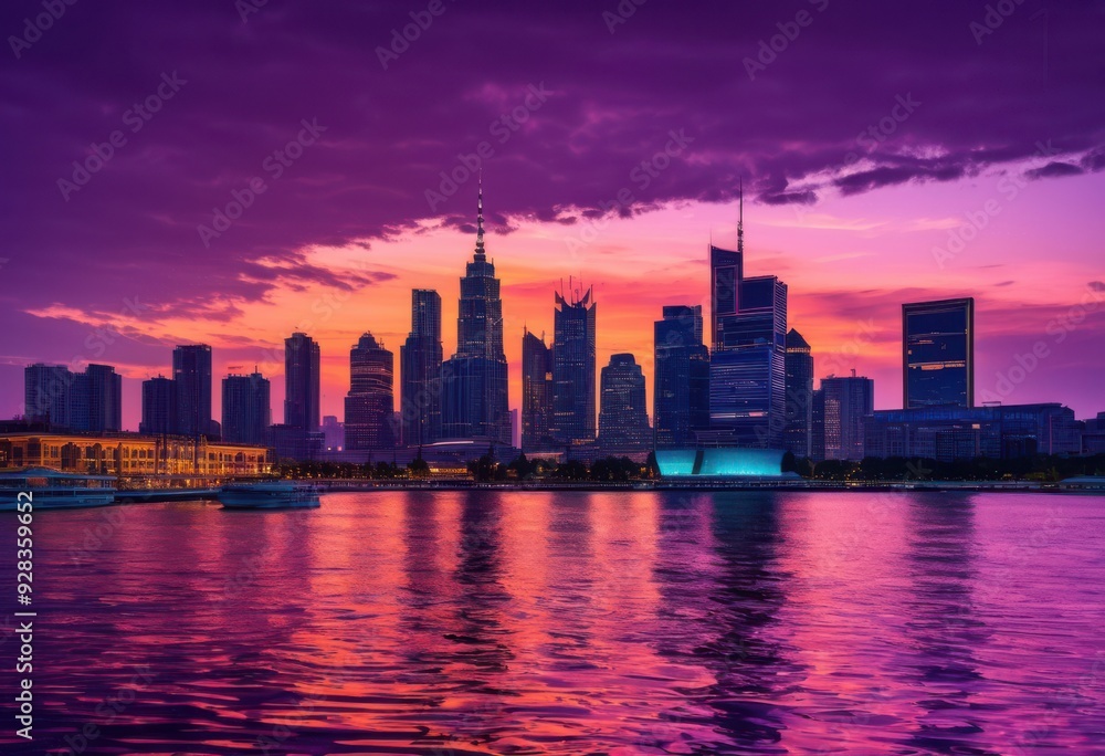 Fototapeta premium vibrant city skyline illuminated twilight colorful lights reflecting water majestic buildings beautiful evening sky, illumination, reflection, urban