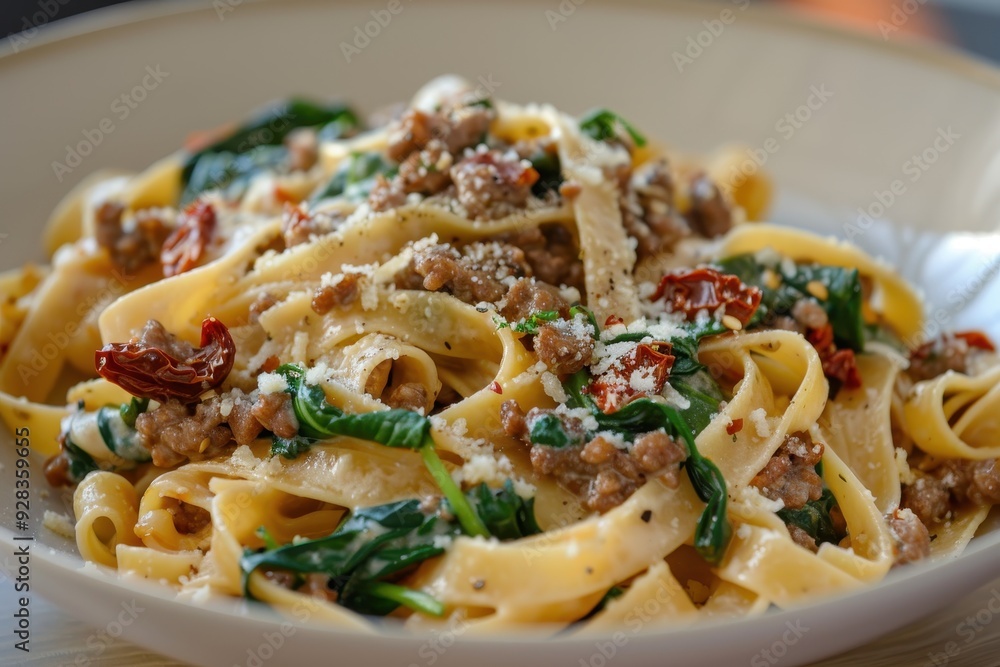 Creamy pasta with beef sun dried tomatoes spinach parmesan Creamy pasta with beef sun dried tomatoes spinach parmesan