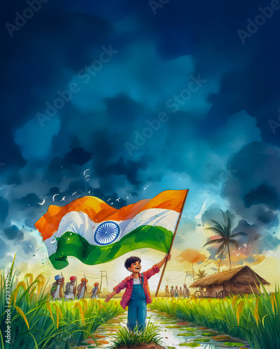 A Watercolor vibrant illustration of A joyful Indiar Farmer, full of pride and energy, holds a large Indian tricolour National flag above his head in celebration of Independence and Republic Day photo