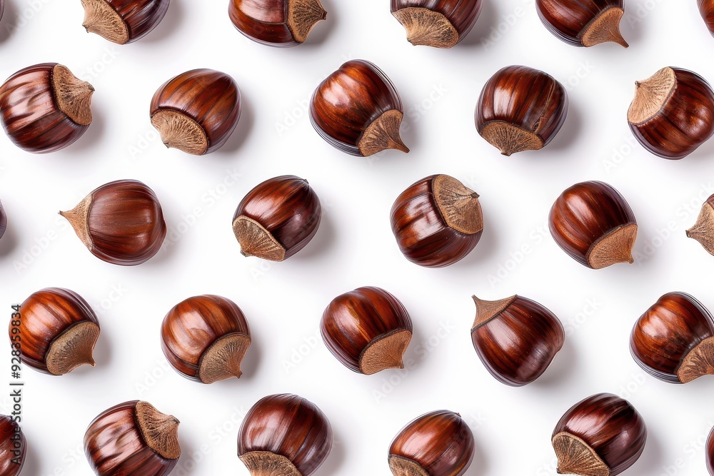 Creative arrangement of Chestnuts on white background Top down perspective Creative arrangement of Chestnuts on white background Top down perspective
