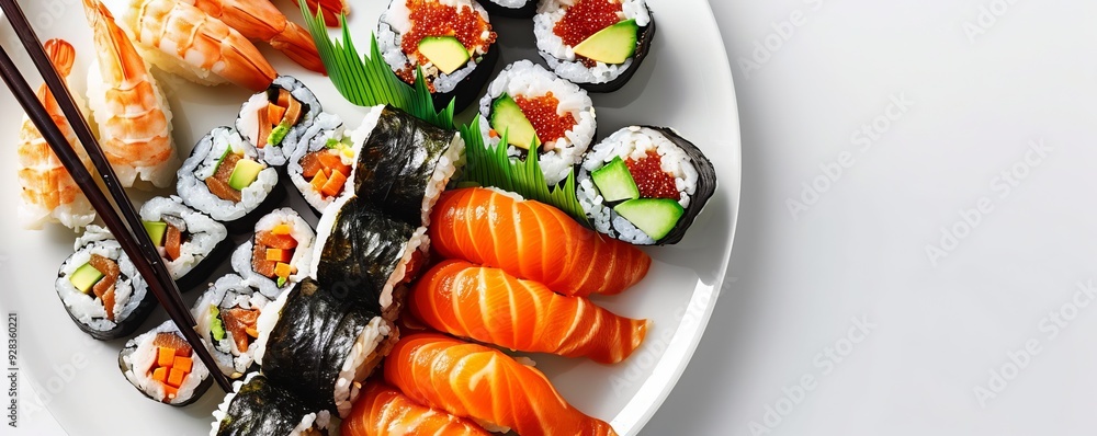 Plate of sushi rolls with chopsticks on white background, 4K hyperrealistic photo Plate of sushi rolls with chopsticks on white background, 4K hyperrealistic photo