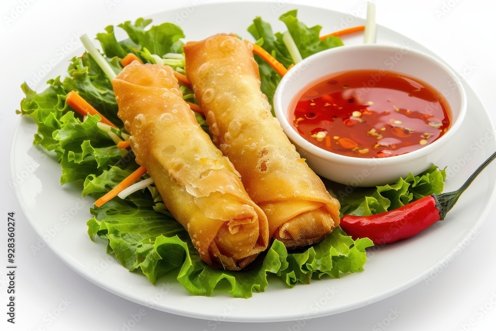 Crispy vegetable spring roll with Thai chili sauce on white plate appetizer in Hong Kong cafe menu Crispy vegetable spring roll with Thai chili sauce on white plate appetizer in Hong Kong cafe menu