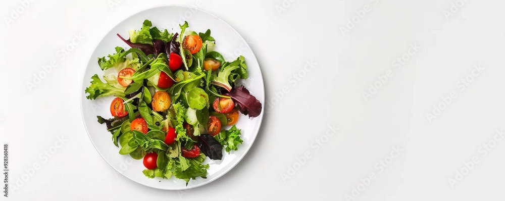 Plate of fresh salad with dressing on white background, 4K hyperrealistic photo Plate of fresh salad with dressing on white background, 4K hyperrealistic photo