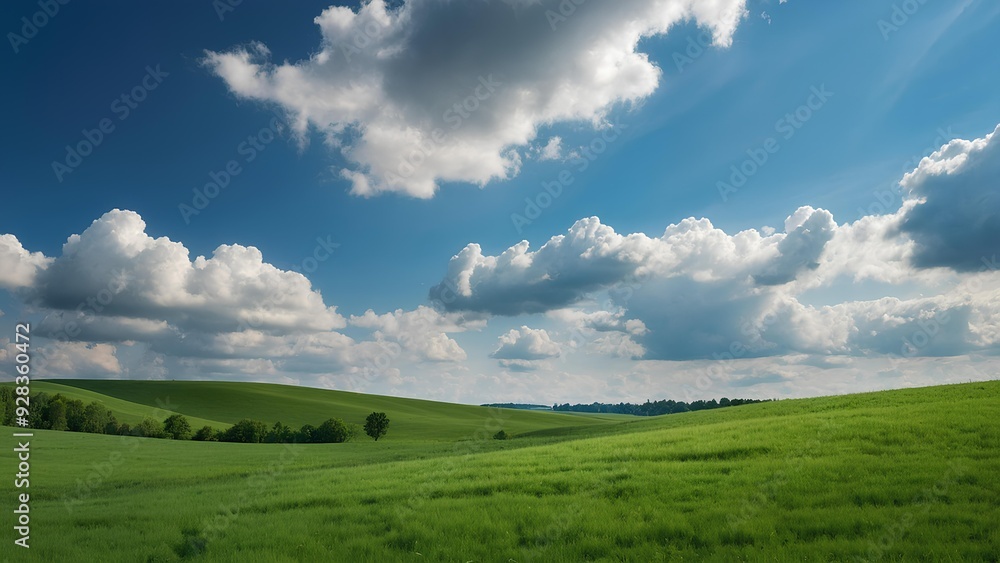 Wavy green fields extending into the distance, under a calm blue sky filled with soft, white clouds. Wavy green fields extending into the distance, under a calm blue sky filled with soft, white clouds.