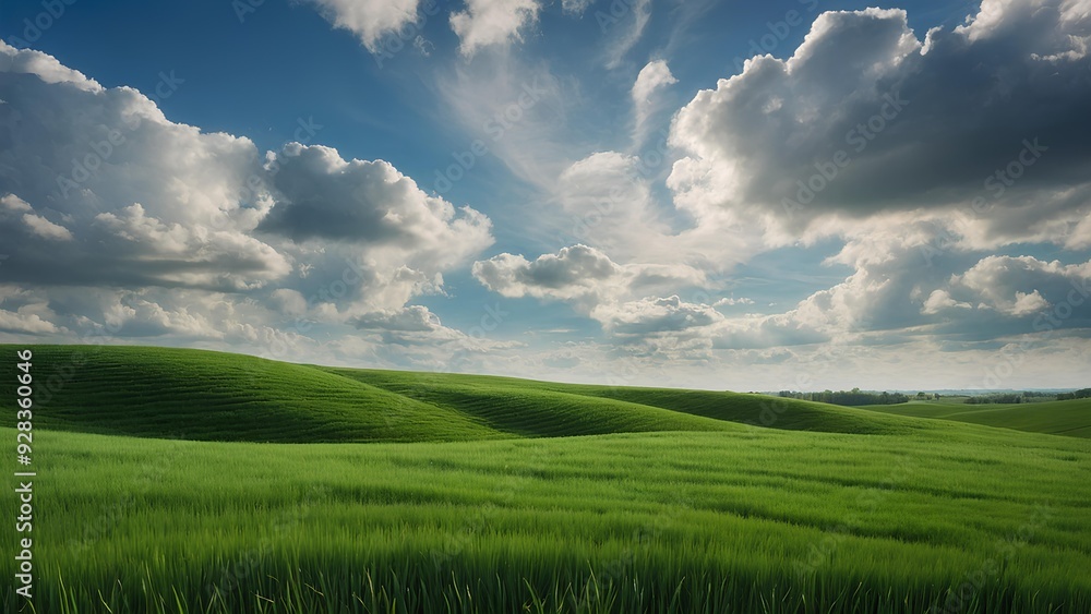 Obraz premium Wavy green fields extending into the distance, under a calm blue sky filled with soft, white clouds.
