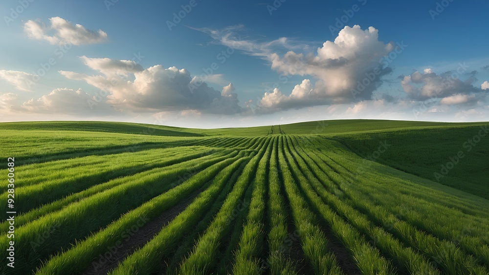 A vast wavy field of lush green grass, set against a backdrop of a deep blue sky with wispy clouds drifting by. A vast wavy field of lush green grass, set against a backdrop of a deep blue sky with wispy clouds drifting by.