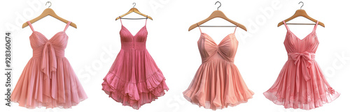 Pink dresses on hangers feminine elegant clothing fashion attire for summer transparent background