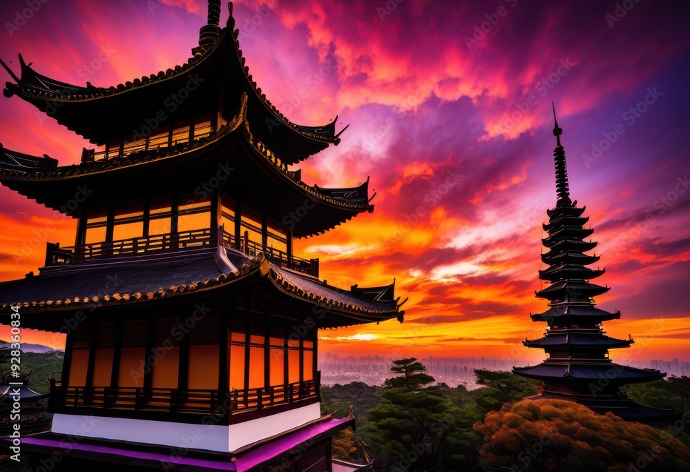 stunning pagoda silhouette vibrant sunset sky rich colors striking contrast, landscape, nature, architecture, evening, light, clouds, orange, red, purple stunning pagoda silhouette vibrant sunset sky rich colors striking contrast, landscape, nature, architecture, evening, light, clouds, orange, red, purple