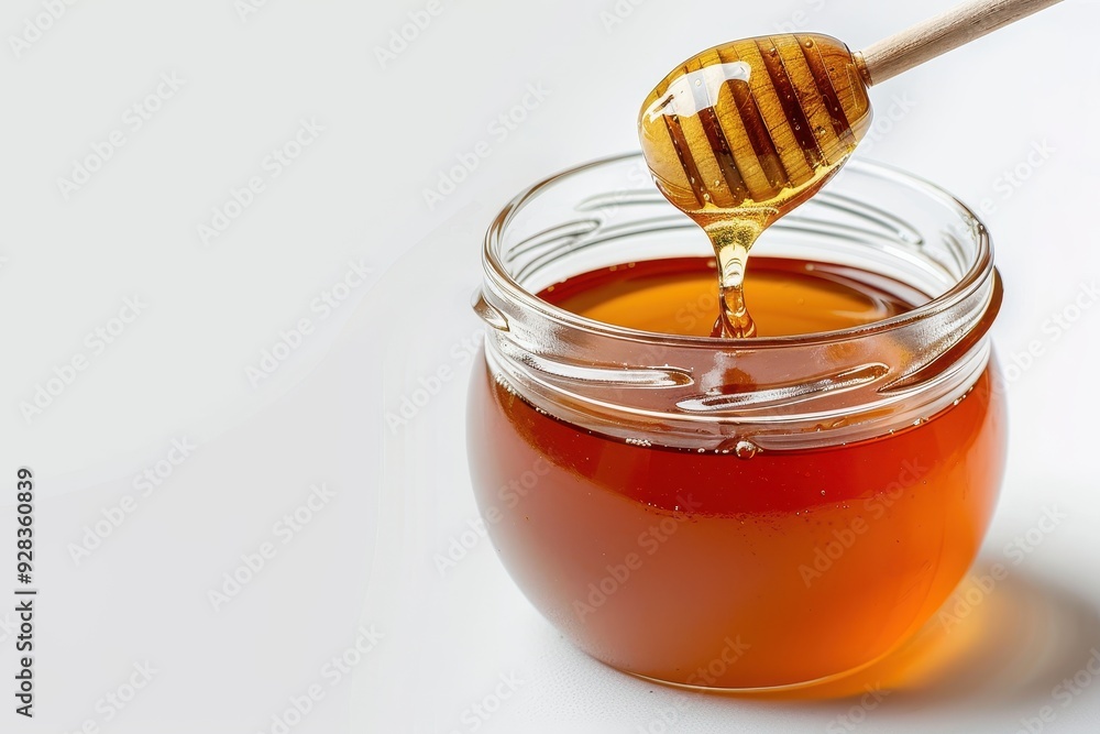 Dark chestnut honey dripping from dipper into glass jar on white background Dark chestnut honey dripping from dipper into glass jar on white background