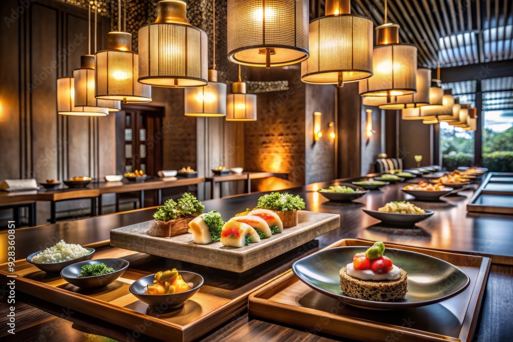 luxurious metallic accents modern minimalist design delicate fusion of traditional Japanese cuisine contemporary gourmet culinary arts high-key lighting luxurious metallic accents modern minimalist design delicate fusion of traditional Japanese cuisine contemporary gourmet culinary arts high-key lighting